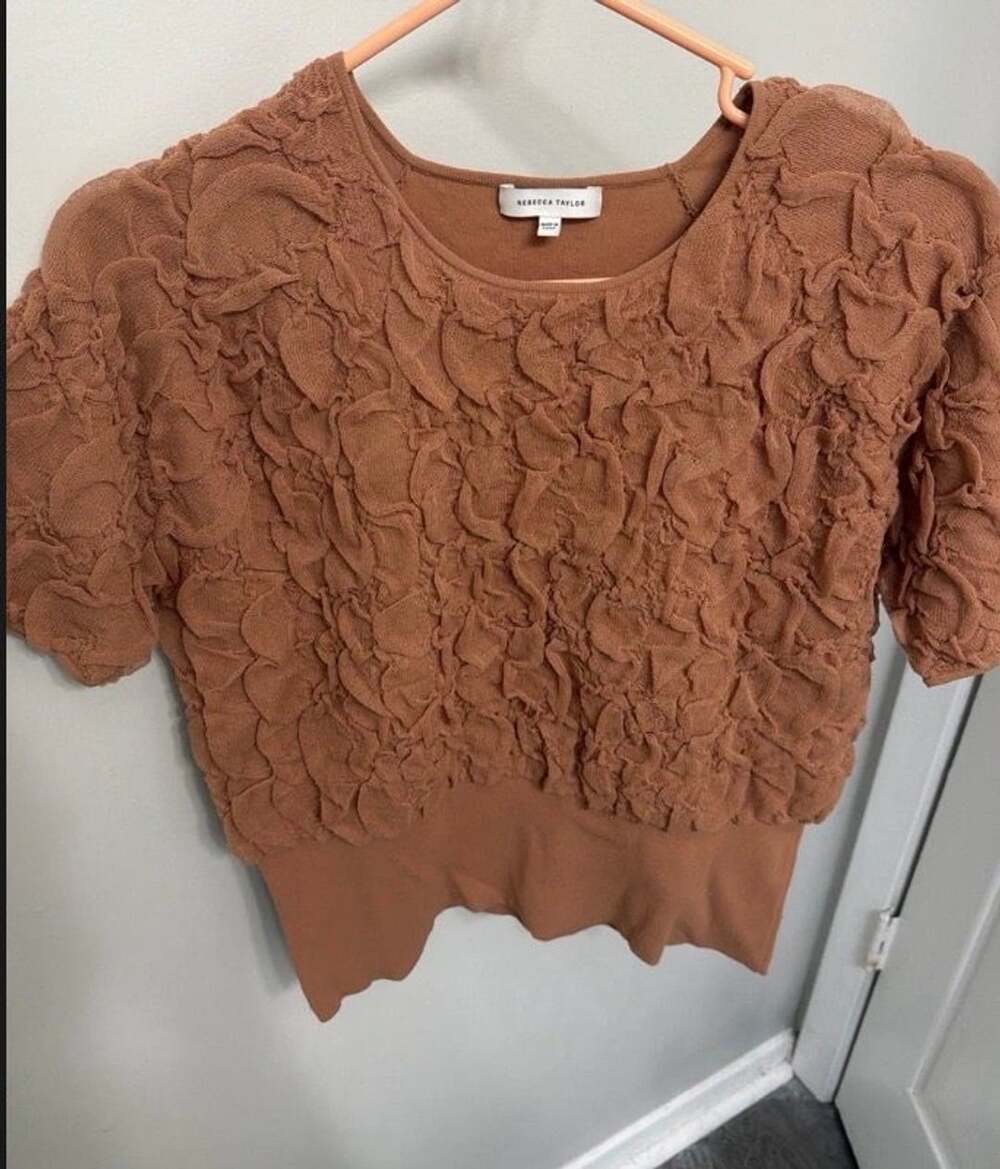 Rebecca Taylor Womens Small Brown Textured Ruffle Puff Sleeve Sweater Top